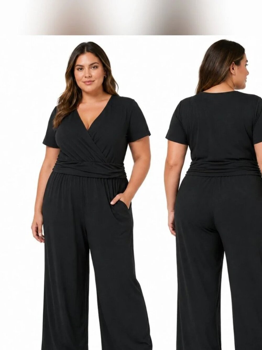 CURVZY 5XL Black Wrap V-Neck Wide Leg Jumpsuit w/ Pockets NWT